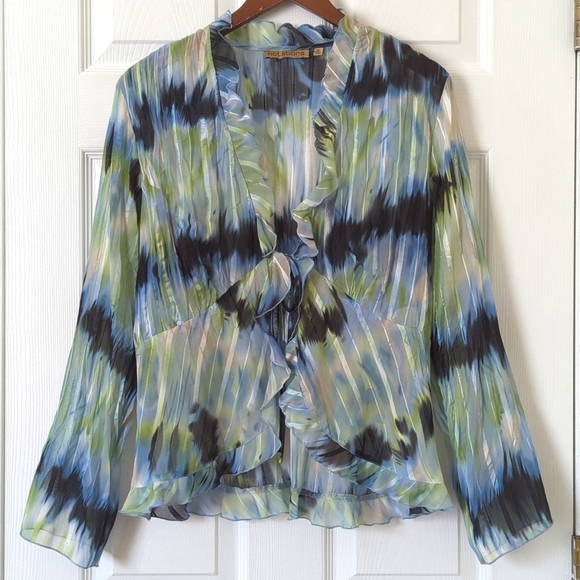 Notations 90's Vintage Sheer Tie Dyed Ruffle Trim Tie Front V-Neck Blouse Medium - Picture 1 of 12